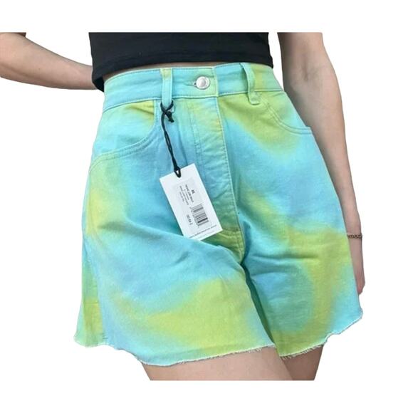 WeWoreWhat Pants - NWT WeWoreWhat Twill Flare Bell Tie Dye Frayed Hem High Rise Denim Shorts 26